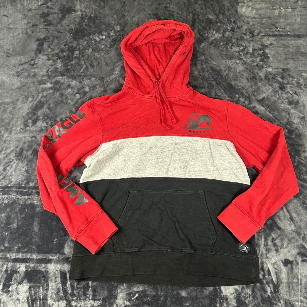 American Eagle Hoodie Mens XL Red Colorblock AEUSA Graphic Long Sleeve
